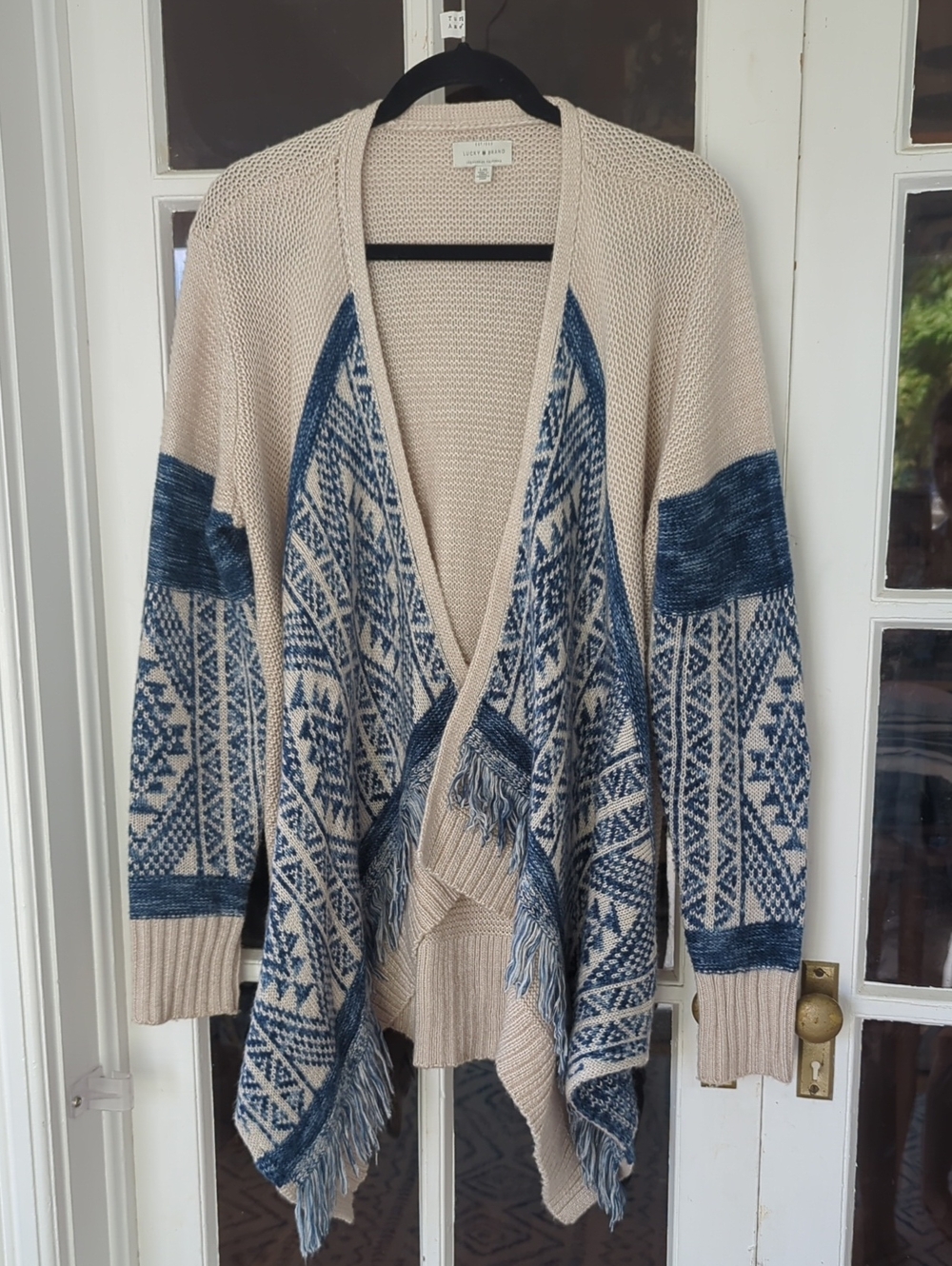 Lucky Brand Cream and Blue Fringe Open-Front Cardigan